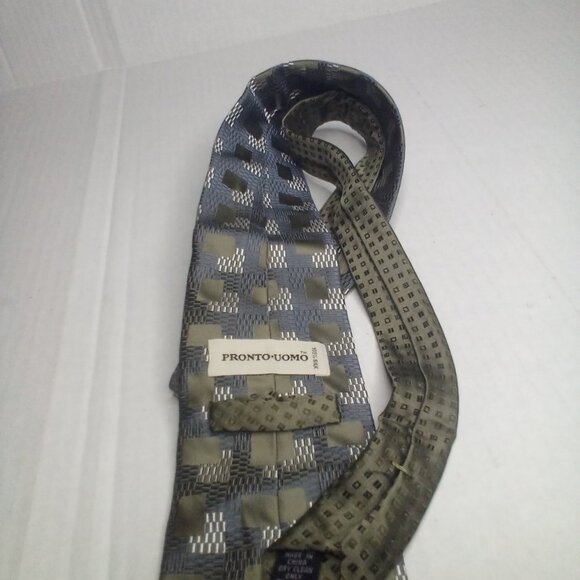 Pronto Uomo Tie Necktie Men Silk Geometric Pattern Green Silver - Picture 8 of 8